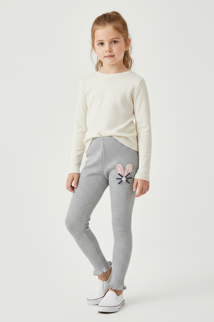 Pantalon Gris Côtelé Extensible Motif Lapin - Maille