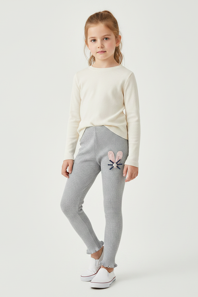 Pantalon Gris Côtelé Extensible Motif Lapin - Maille