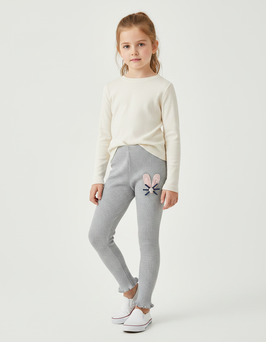Pantalon Gris Côtelé Extensible Motif Lapin - Maille