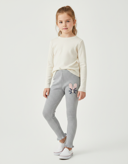 Pantalon Gris Côtelé Extensible Motif Lapin - Maille