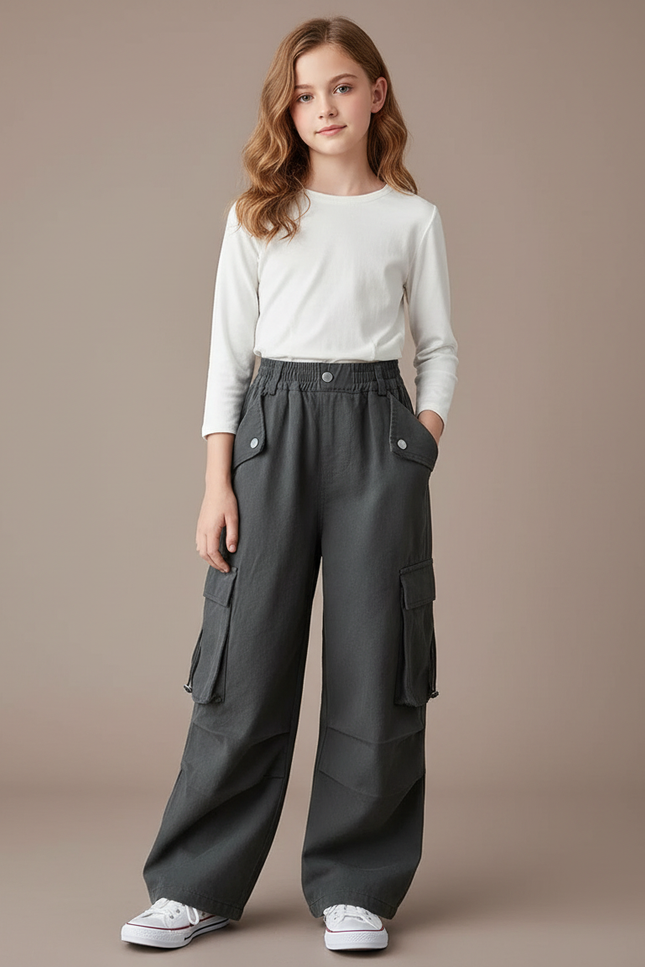 Pantalon Gris Cargo Ample Fille Décontracté Coton