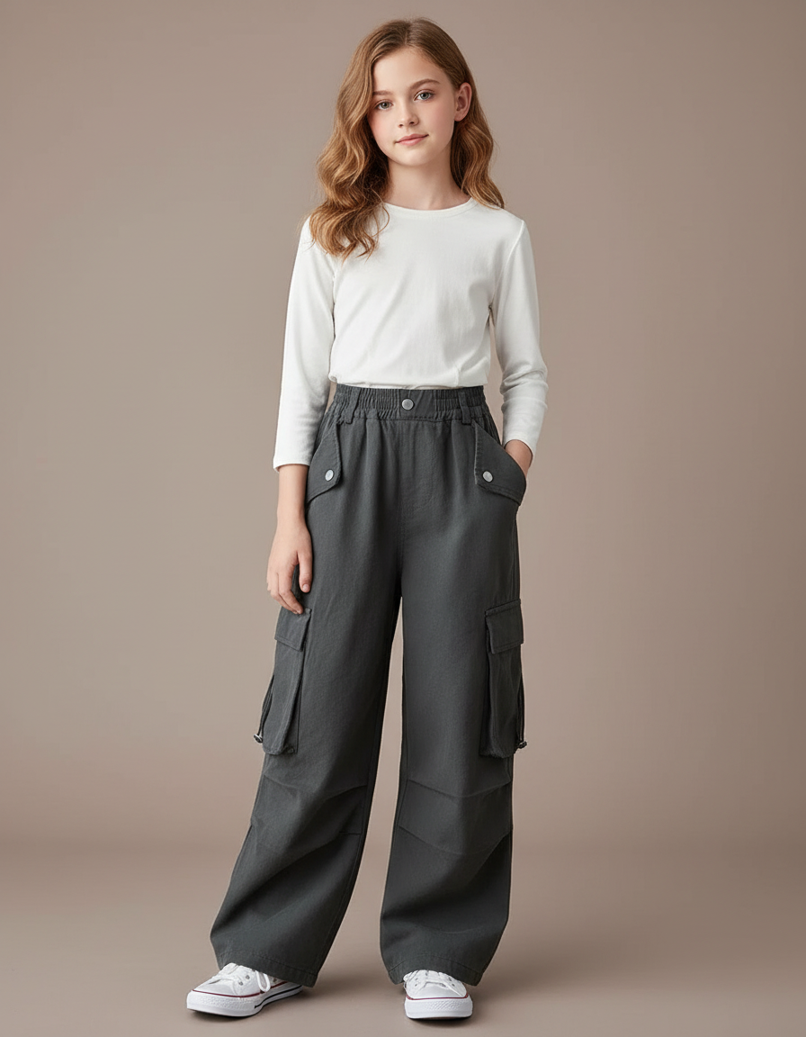 Pantalon Gris Cargo Ample Fille Décontracté Coton