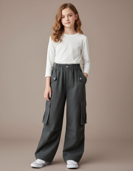Pantalon Gris Cargo Ample Fille Décontracté Coton