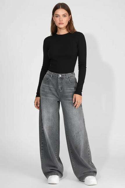 Pantalon Gris Large Décontracté Jean Femme