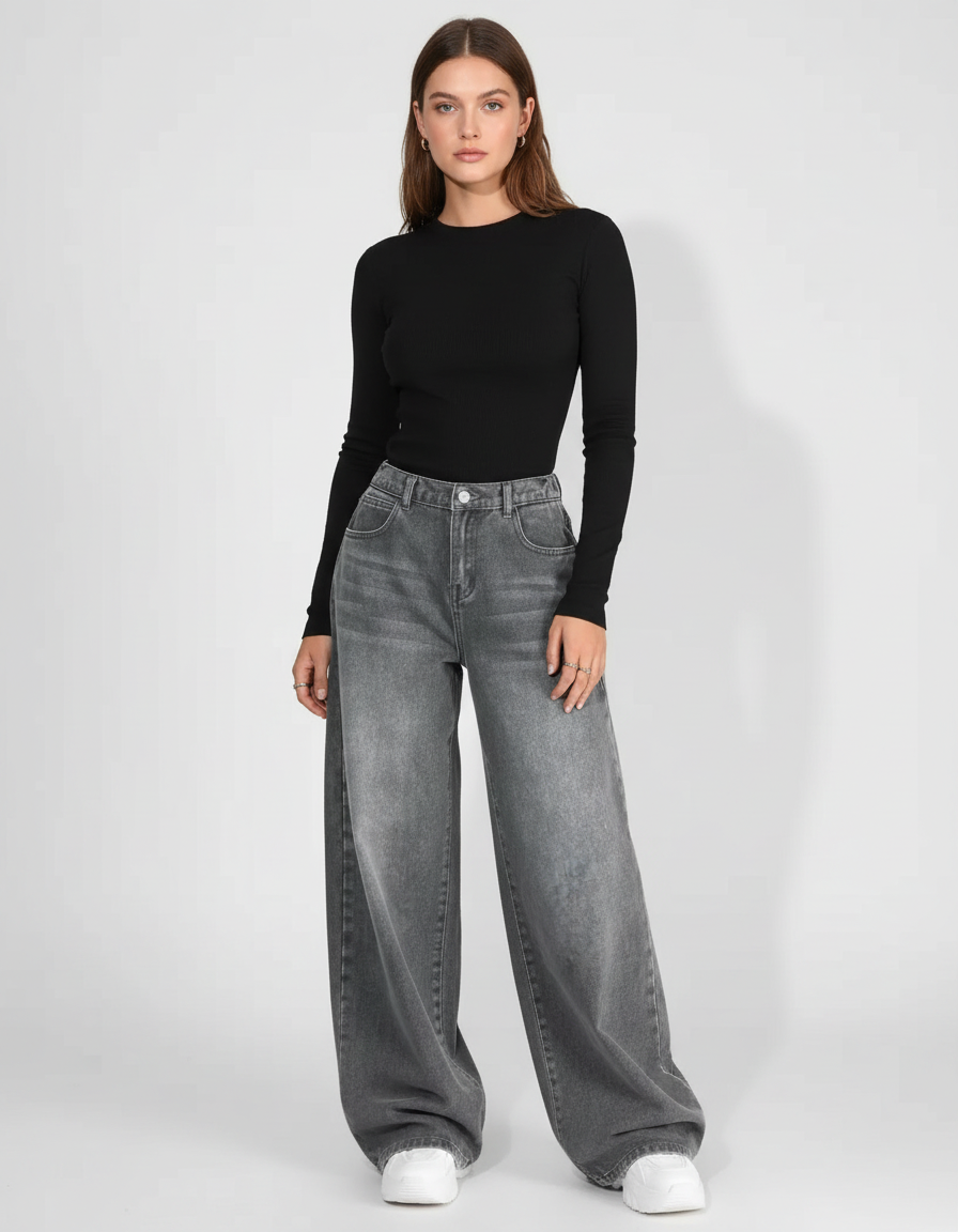 Pantalon Gris Large Décontracté Jean Femme