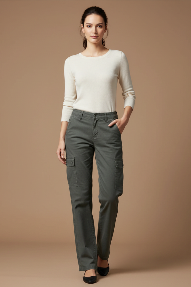 Pantalon Gris Cargo Droit Coton Décontracté Femme - Kaki