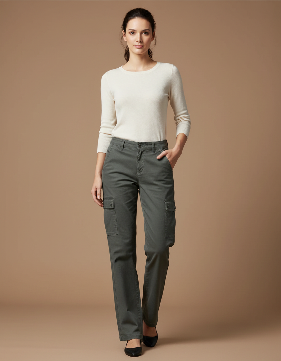 Pantalon Gris Cargo Droit Coton Décontracté Femme - Kaki