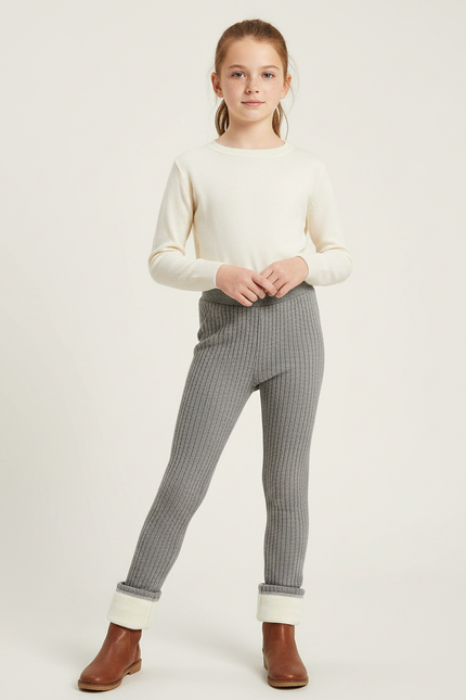 Pantalon Gris Côtelé Doublé Chaud Fille Hiver - Maille