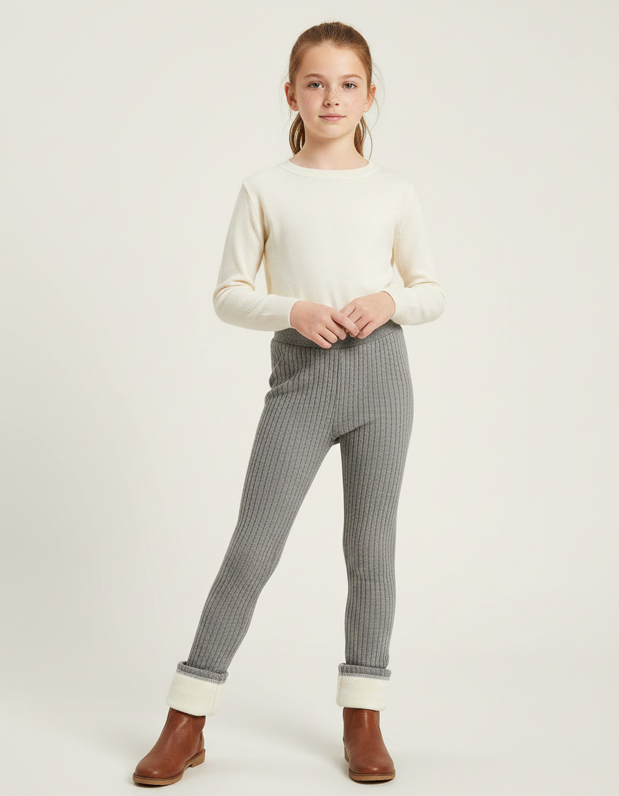 Pantalon Gris Côtelé Doublé Chaud Fille Hiver - Maille