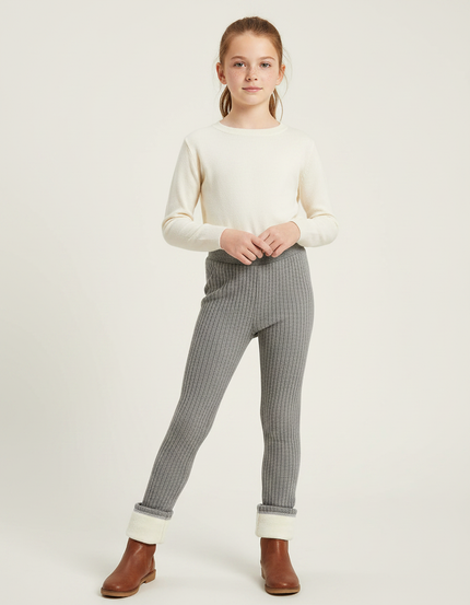 Pantalon Gris Côtelé Doublé Chaud Fille Hiver - Maille