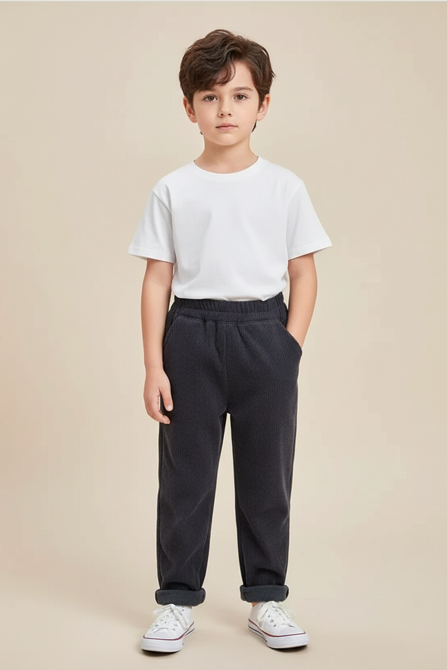 Pantalon Gris Côtelé Ample Doux Décontracté Enfant - Cordé