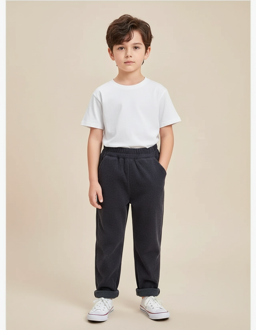 Pantalon Gris Côtelé Ample Doux Décontracté Enfant - Cordé