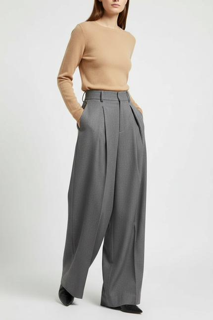 Pantalon Gris Ample Plissé Fluide Femme Élégant - Laine