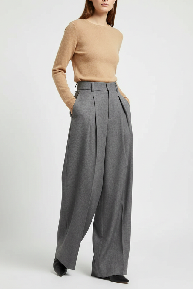 Pantalon Gris Ample Plissé Fluide Femme Élégant - Laine