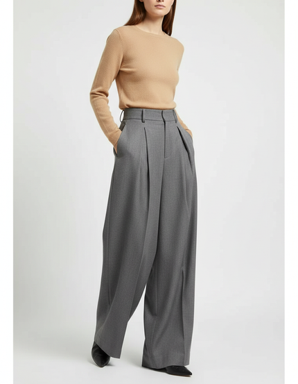 Pantalon Gris Ample Plissé Fluide Femme Élégant - Laine