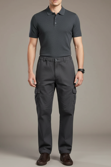 Pantalon Gris Cargo Homme Coton Élastique Multi-poches - Toile