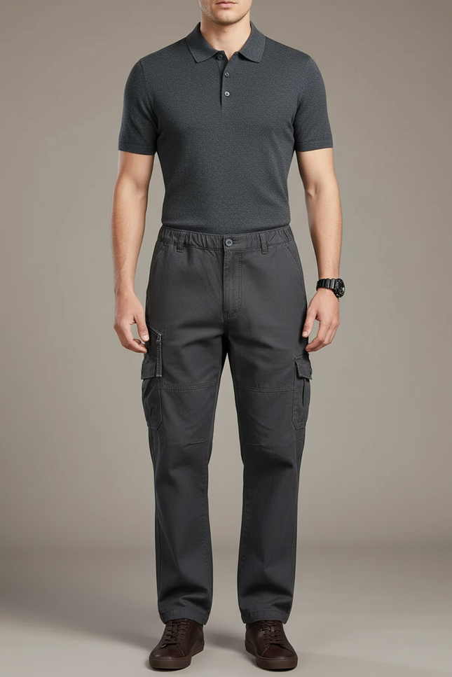 Pantalon Gris Cargo Homme Coton Élastique Multi-poches - Toile