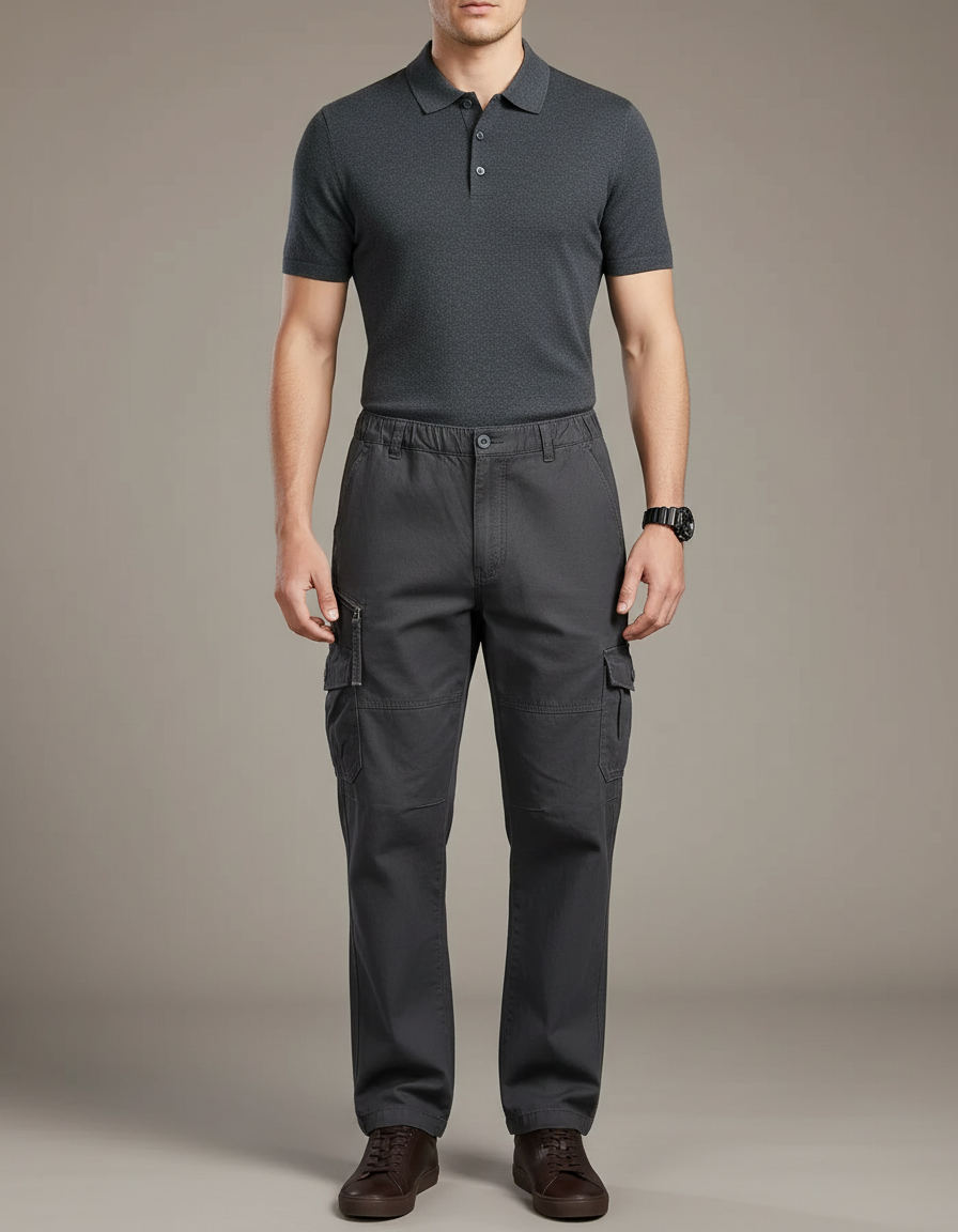 Pantalon Gris Cargo Homme Coton Élastique Multi-poches - Toile