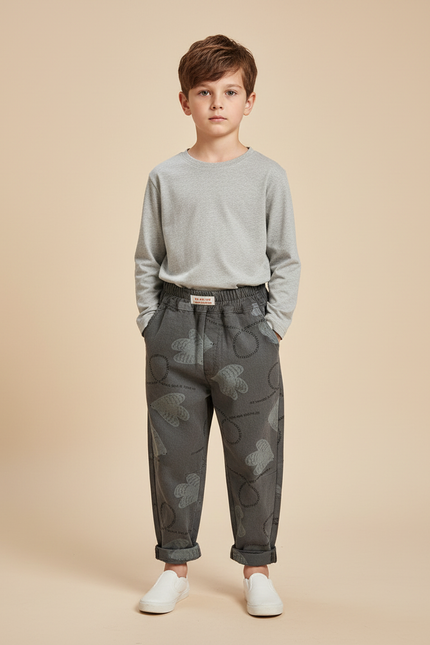 Pantalon Gris Imprimé Cartoon Ample Décontracté Enfant - Molleton