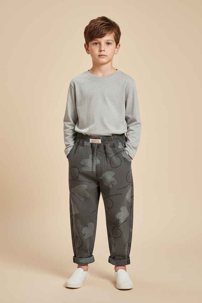 Pantalon Gris Imprimé Cartoon Ample Décontracté Enfant - Molleton