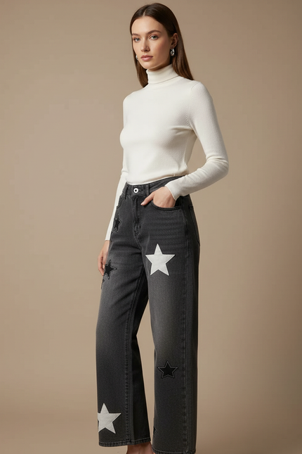 Pantalon Gris Jeans Étoiles Ample Taille Haute Femme