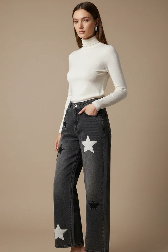 Pantalon Gris Jeans Étoiles Ample Taille Haute Femme