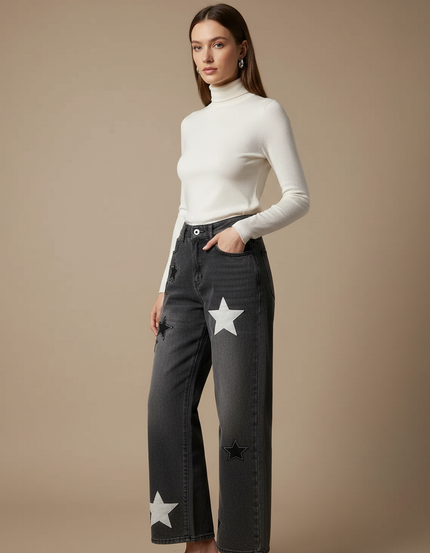 Pantalon Gris Jeans Étoiles Ample Taille Haute Femme