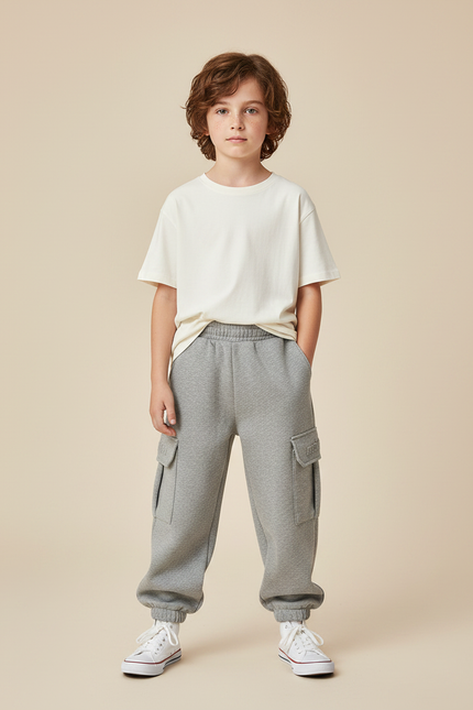 Pantalon Gris Cargo Molletonné Ample Confortable Enfant