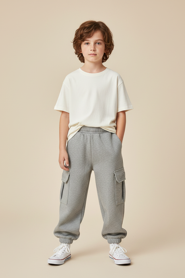 Pantalon Gris Cargo Molletonné Ample Confortable Enfant