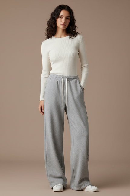 Pantalon Gris Ample Décontracté Molletonné Cordon Femme