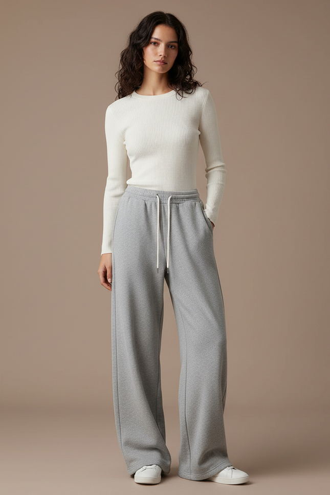 Pantalon Gris Ample Décontracté Molletonné Cordon Femme
