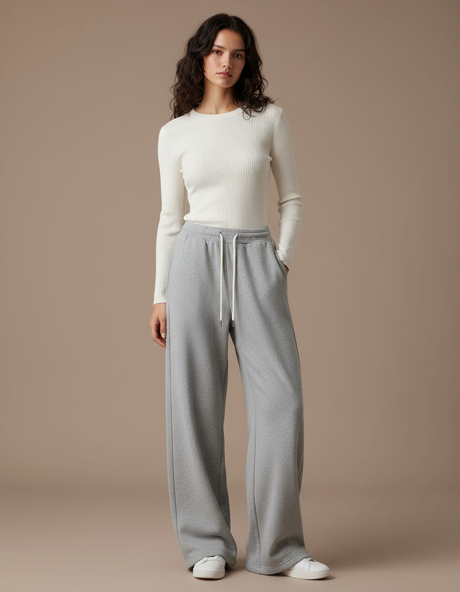 Pantalon Gris Ample Décontracté Molletonné Cordon Femme