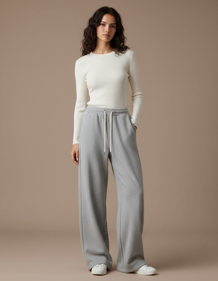 Pantalon Gris Ample Décontracté Molletonné Cordon Femme