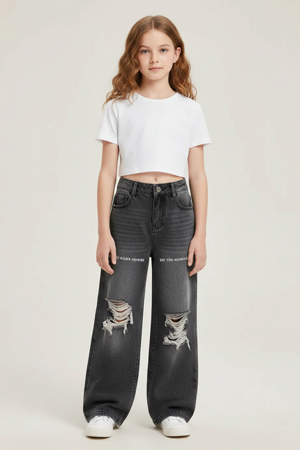 Pantalon Gris Jean Ample Déchiré Fille