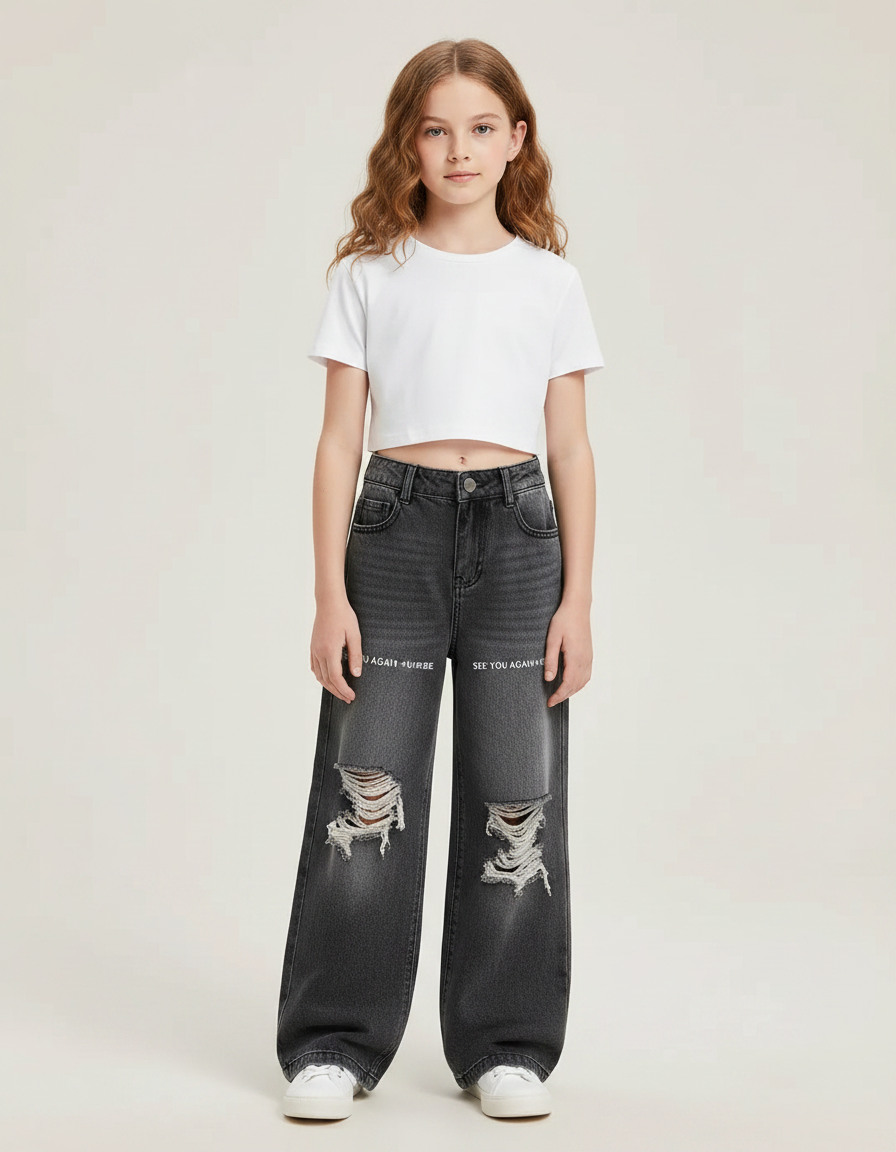 Pantalon Gris Jean Ample Déchiré Fille