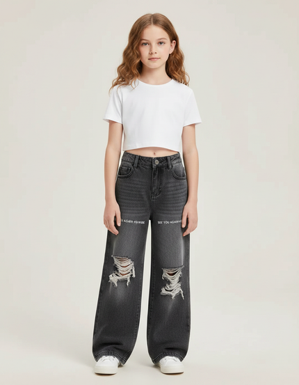 Pantalon Gris Jean Ample Déchiré Fille