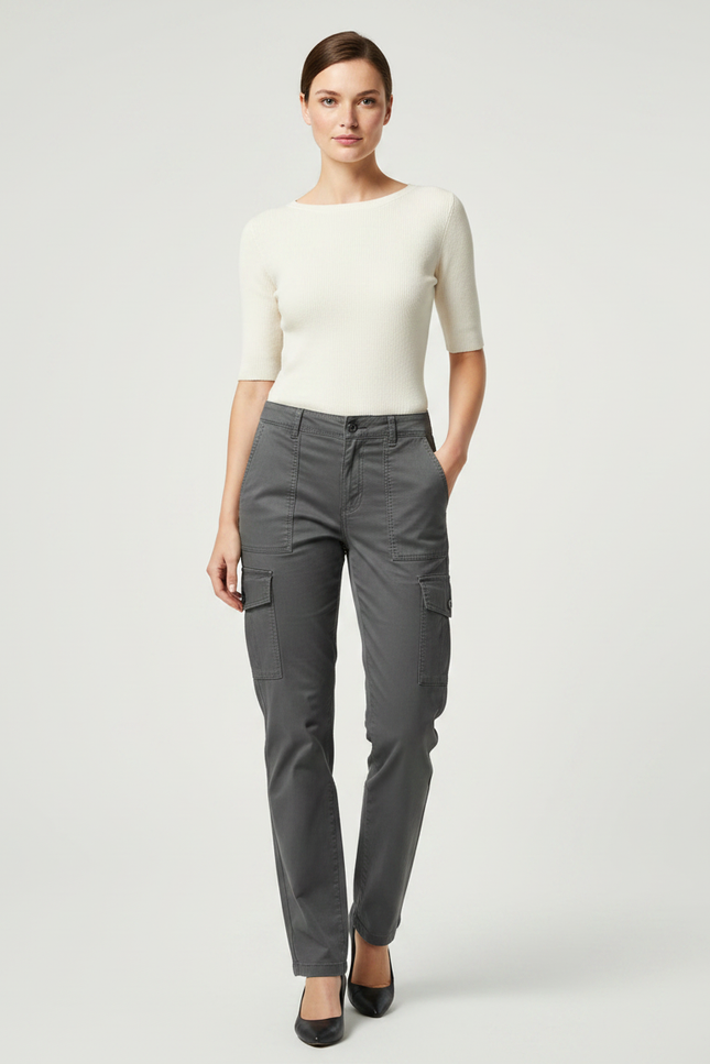 Pantalon Gris Cargo Coton Droit Femme Élégant