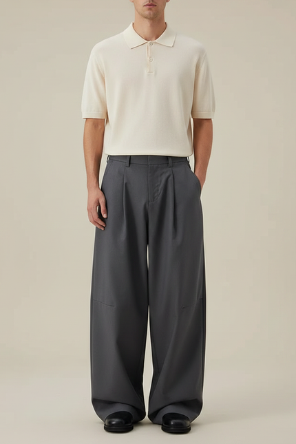 Pantalon Gris Ample Plissé Décontracté Homme - Gabardine