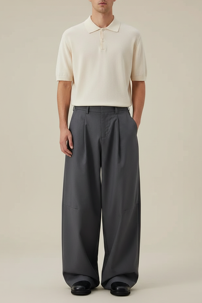 Pantalon Gris Ample Plissé Décontracté Homme - Gabardine