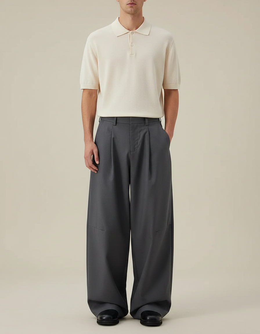 Pantalon Gris Ample Plissé Décontracté Homme - Gabardine