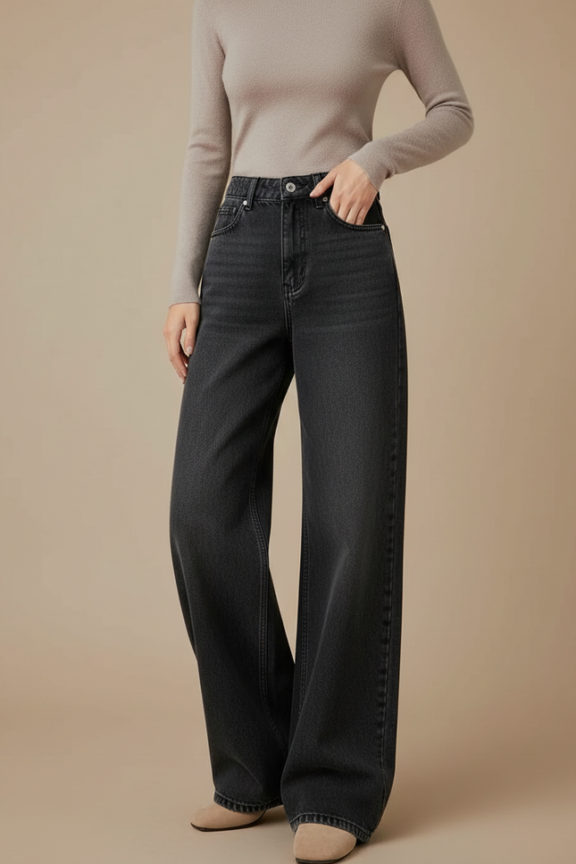 Pantalon Gris Jean Large Décontracté Délavé Taille Haute
