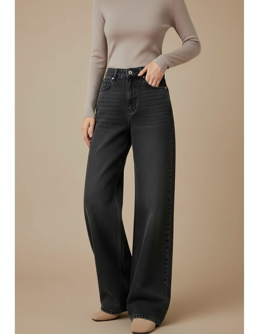 Pantalon Gris Jean Large Décontracté Délavé Taille Haute