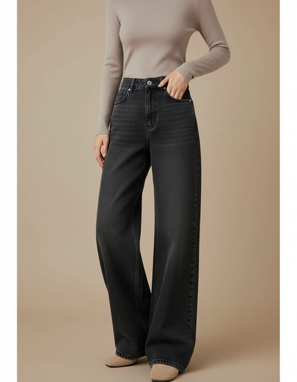Pantalon Gris Jean Large Décontracté Délavé Taille Haute