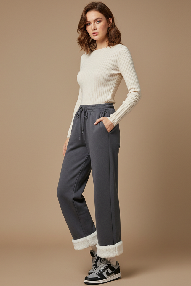 Pantalon Gris Molletonné Ample Chaud Hiver Femme