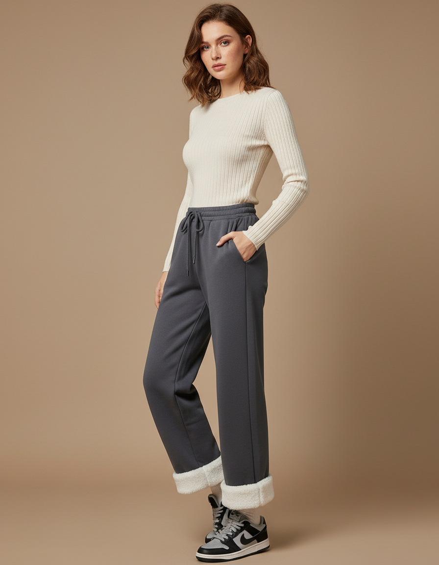 Pantalon Gris Molletonné Ample Chaud Hiver Femme