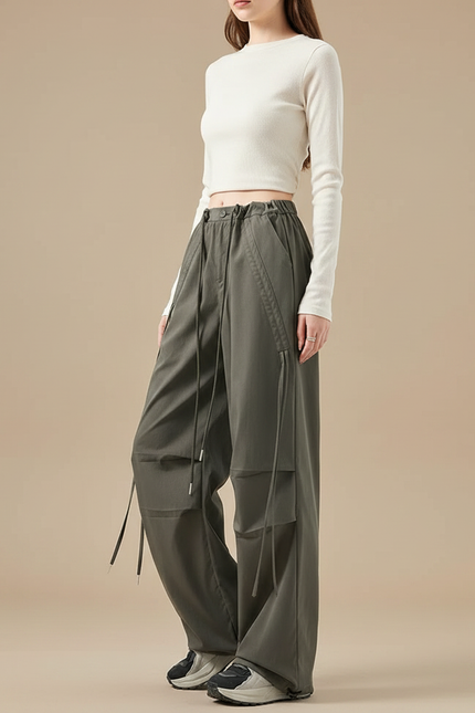 Pantalon Gris Cargo Ample Cordon Taille Haute Femme - Kaki Gabardine