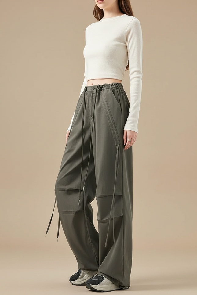 Pantalon Gris Cargo Ample Cordon Taille Haute Femme - Kaki Gabardine