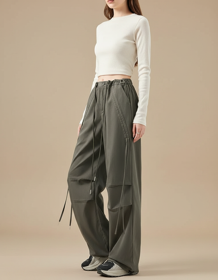 Pantalon Gris Cargo Ample Cordon Taille Haute Femme - Kaki Gabardine