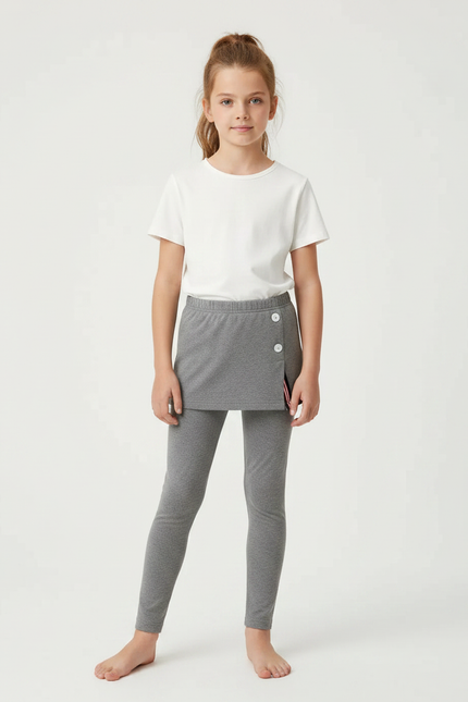 Pantalon Gris Legging Jupe Boutons Fille Coton