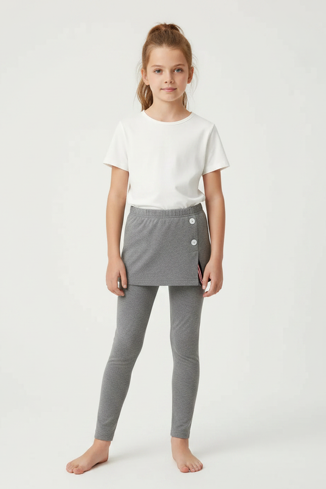 Pantalon Gris Legging Jupe Boutons Fille Coton